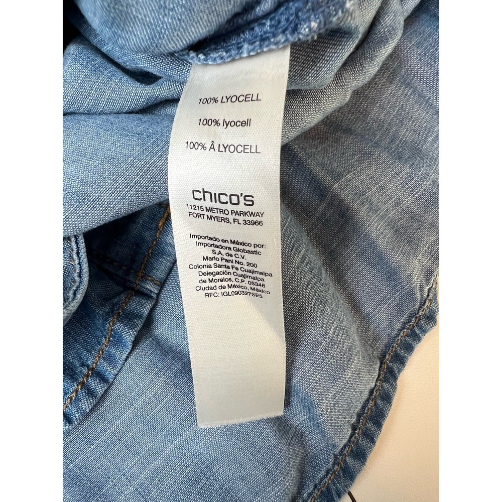 Chico's Long Denim Tunic Shirt Blue Button Up Roll Tab Sleeves 2 (12 Large) - Picture 11 of 13